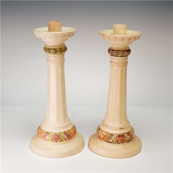 A Pair of Weller Pottery Roma Pattern Tall Candlesticks