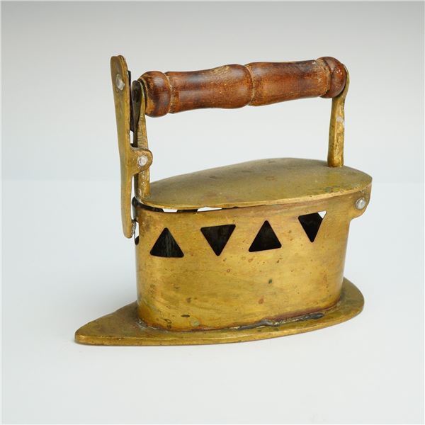 Antique Brass Coal Iron with a Wooden Handle