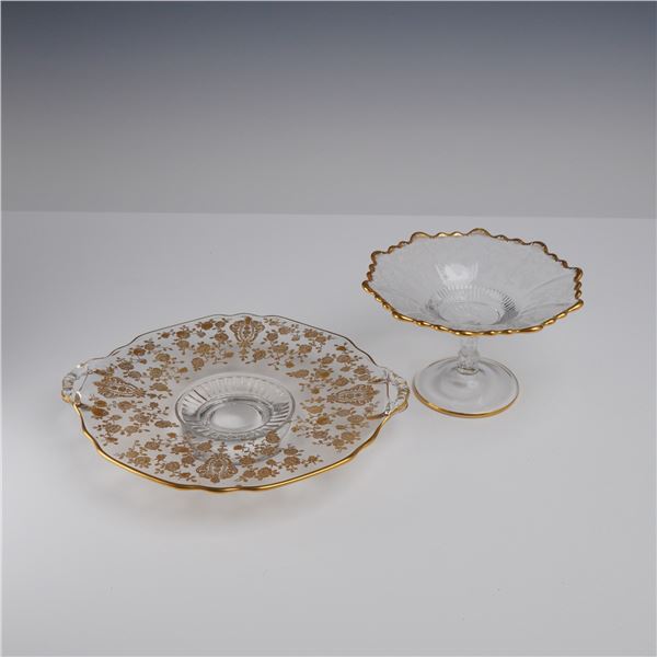 2pc Cambridge Glass Rose Point Gilded Glass Dishes