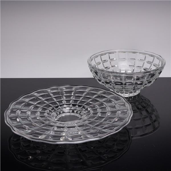 A Set of Two Crystal Glass Cut Block Pattern Serving Bowl & Plate