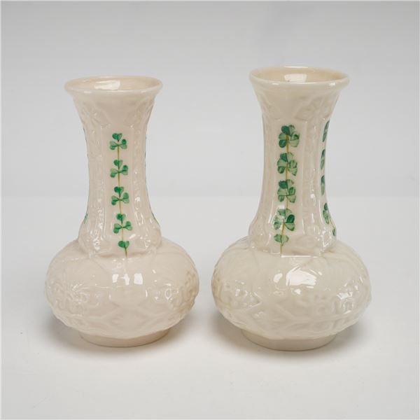 Pair of Belleek Shamrock Parian Porcelain Bud Vases