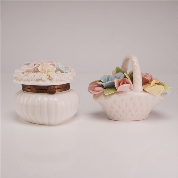 2pc Floral Encrusted Porcelain Trinket Box and Miniature Basket