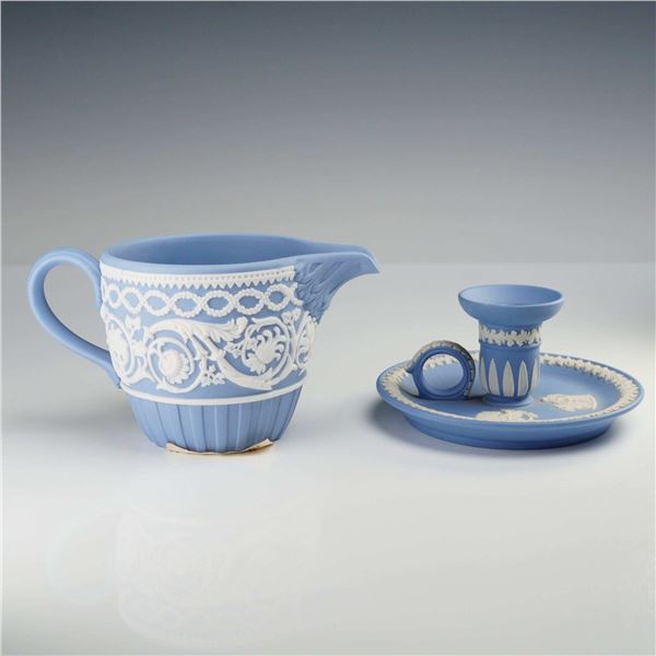 Two Wedgwood Pale Blue Jasperware Pieces: 250th Anniversary Creamer and Chamberstick