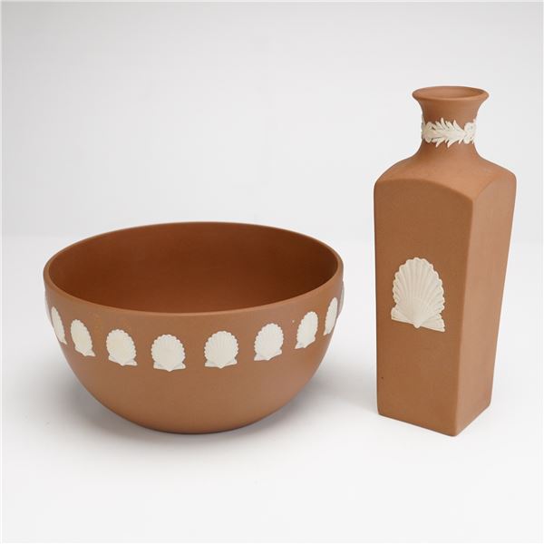 Two Pieces of Wedgwood Brown Jasperware Nautical Shell Bowl and Bud Vase