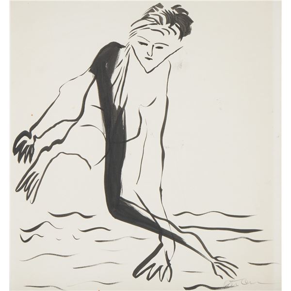 Original Black Ink Drawing on Paper, Figure in Motion, Signed