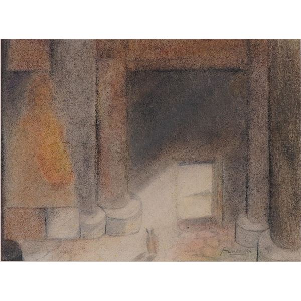 Rafael Aleph Mixed Media on Paper Drawing, Two Figures in a Temple