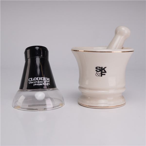 Two Medical Advertising Items- Griffith Pottery SK&F Mortar and Pestle and a Cloderm Magnifier