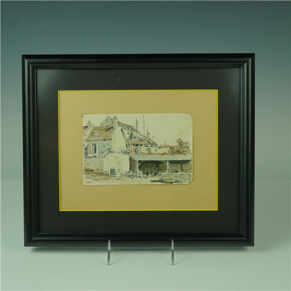 Original Ink and Watercolor, Village Scene, Signed
