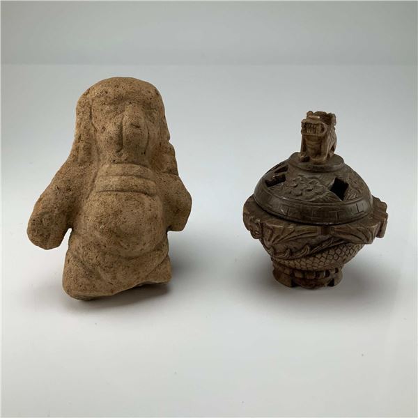 2 Chinese Carved Soapstone Censer and Indonesian Majapahit Terracotta Figurine