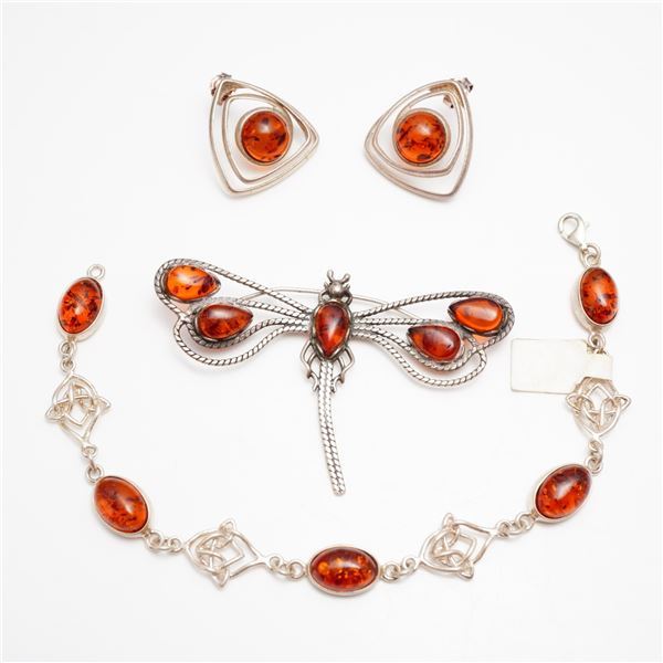 Collection of Four Sterling Silver and Amber Jewelry- Dragonfly Brooch, Celtic Knot Bracelet, and Ea