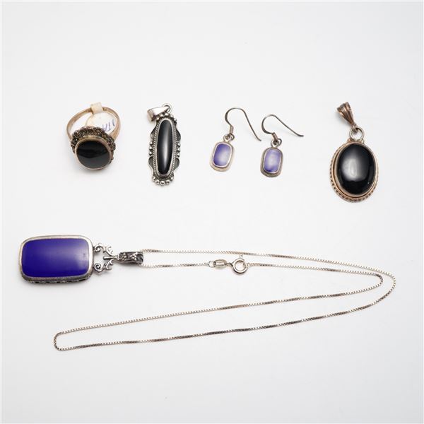 6pc Collection of Sterling Silver and Gemstone Jewelry Including Reversible Necklace, Earrings, Pend