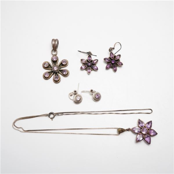6pc Sterling Silver and Amethyst Jewelry Including Earrings, Pendant and Necklace
