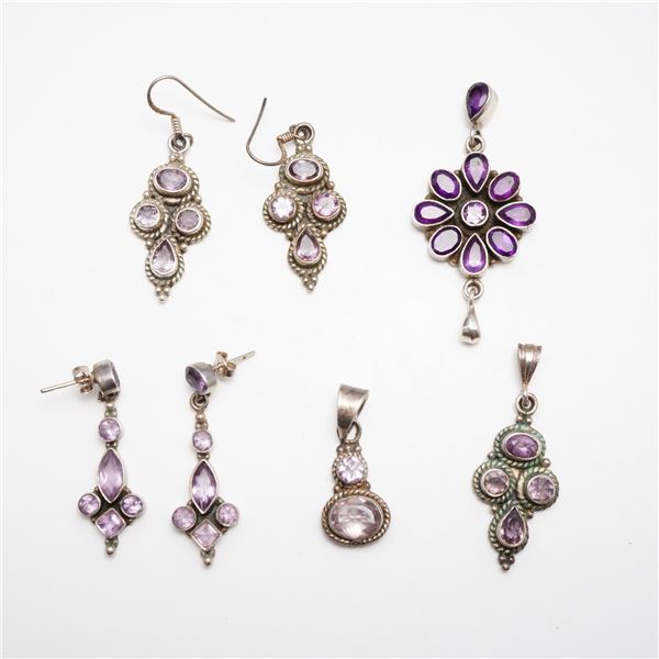 7pc Collection of Sterling Silver and Amethyst Jewelry Including Earrings and Pendants
