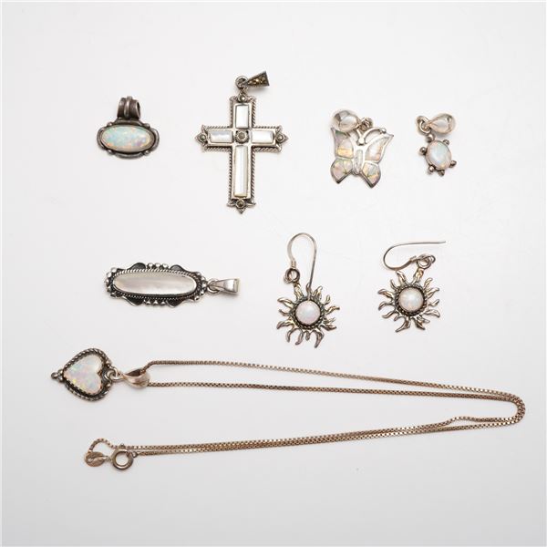 8pc Sterling Silver and Gemstone Jewelry Grouping Including Pair of Earrings, Pendants, and Necklace