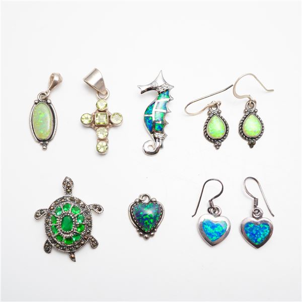 9pc Sterling Silver Gemstones Jewelry: 2 Pair of Earrings and 4 Pendants