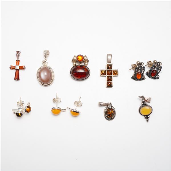 Twelve Piece Collection of Sterling Silver and Baltic Amber Jewelry Including Pendants and Earrings