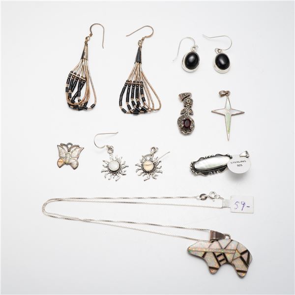 11-Piece Collection of Sterling Silver and Gemstone Jewelry Including CJ Navajo Bear Necklace