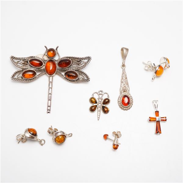 10 Piece Collection of Sterling Silver and Baltic Amber Jewelry including Dragonfly Brooch and Penda