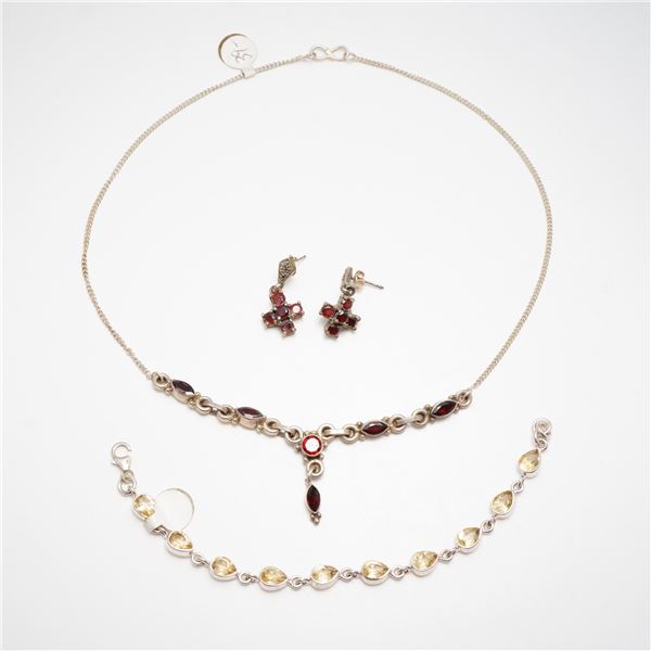 4pc Sterling Silver and Gemstone Jewelry Set Including Garnet and Citrine Style Pieces