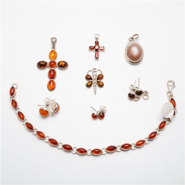 11pc Sterling Silver and Gemstone Jewelry Collection Featuring Baltic Amber