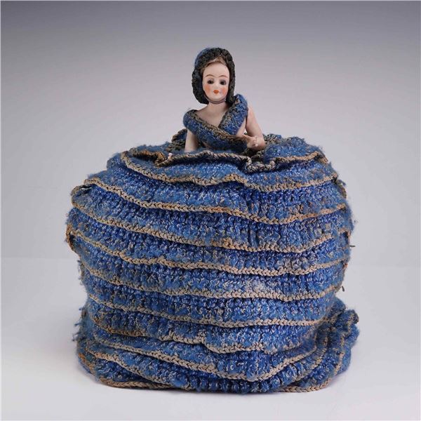 Early 20th Century Porcelain Teapot Cozy Doll w/ Movable Arms and Hand-Crocheted Dress