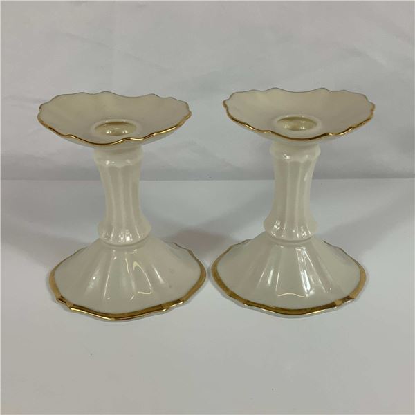 A Pair of Lenox Symphony Ivory Porcelain Candlestick Holders with Gold Trim