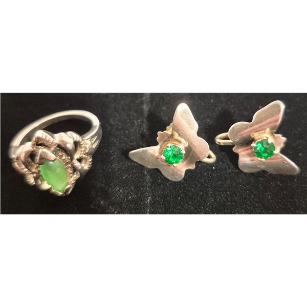 Sterling Silver Earrings & Ring w/ Green Stone