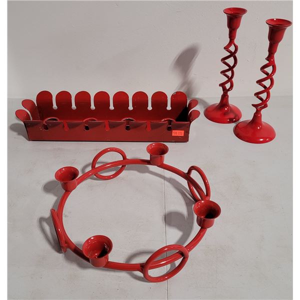 Various Shaped Red Metal Candle Holders