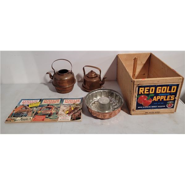 VTG Variety Lot w/ Wooden Apple Crate, Copper Teapot, Popular Mechanics Books, & More
