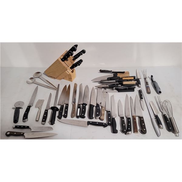 Lot of Assorted Kitchen Knives, Utensils, & Knife Block