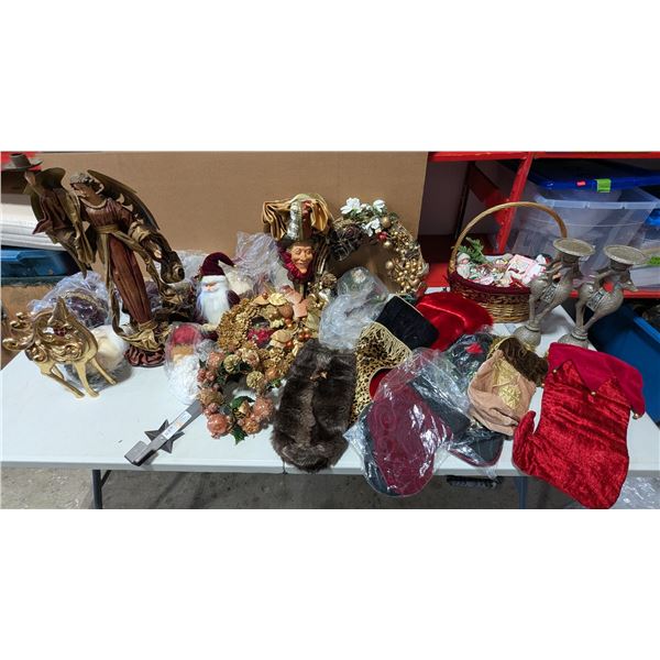 Lot of Assorted Holiday Decor w/ Stockings, Deer Candlehlders, Angel Statue, & More