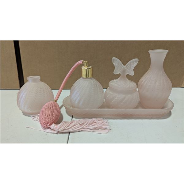 VTG Pink Frosted Glass Vanity Set
