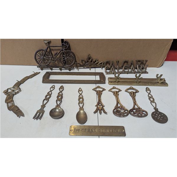 Brass Lot w/ 1st Class Plaque, Mail Slot Cover, Serving Utensils, & More