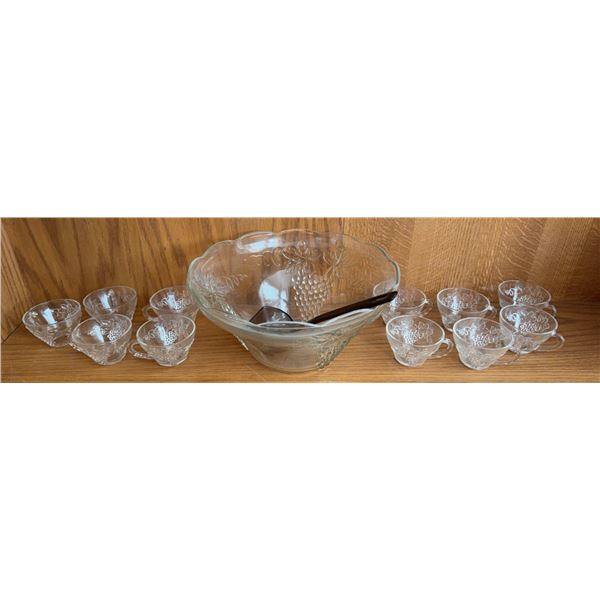 Glass Punch Bowl Set with Grape Design