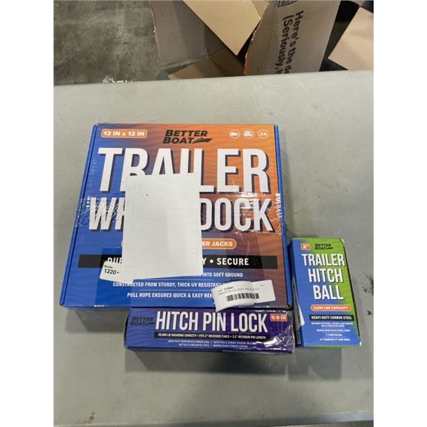 TRAILER WHEEL DOCK, TRAILER HITCH BALL AND 2 INCH RECEIVER LOCK