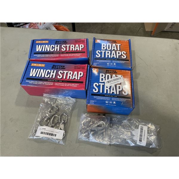 2 NEW BETTER BOATING WINCH CTRAPS AND 2 SETS OF BOAT STRAPS, SWIVEL SHACKLES