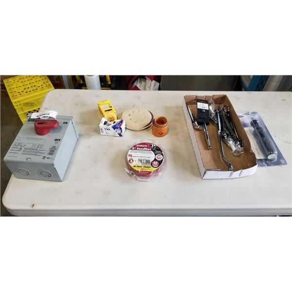NEW SANDING DISCS, HOLE SAW BLADES, HUSKY RATCHET, ON/OFF ELECTRICAL BOX, ETC