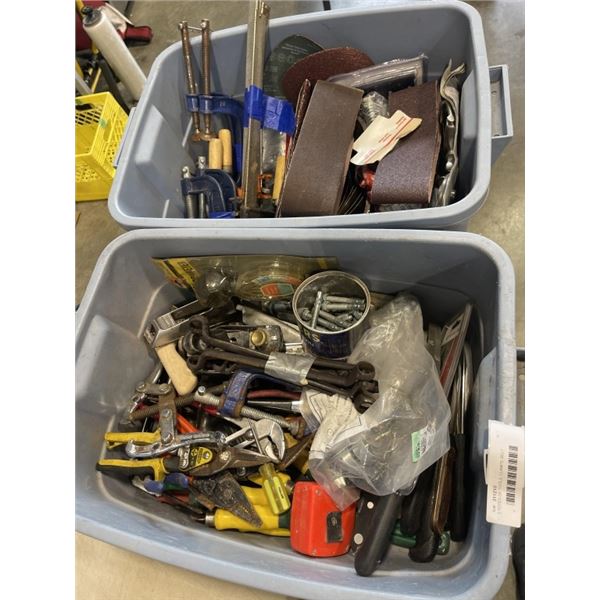 2 TOTES OF TOOLS, CLAMPS, BELT SANDING SHEETS, ETC