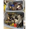 Image 1 : 2 TOTES OF TOOLS, CLAMPS, BELT SANDING SHEETS, ETC