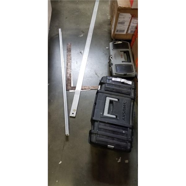 2 TOOL BOXES W/ CONTENTS, LEVEL, AND SQUARES