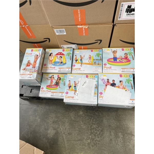 7 ASSORTED INTEX INFLATABLE AND HARD POOLS AND POOL TOYS
