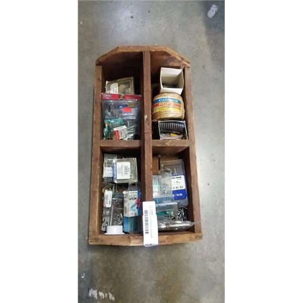 WOODEN BOX WITH SCREWS, NAILS, ROPE, ETC