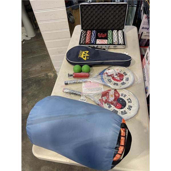 SLEEPING BAG, POKER SET AND PICKLE BALL SET