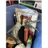 Image 3 : TOTE OF ELECTRIC HEATER, TOOLS BELTS, FRY PANS AND CAULKING GUNS ETC