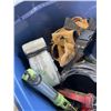 Image 4 : TOTE OF ELECTRIC HEATER, TOOLS BELTS, FRY PANS AND CAULKING GUNS ETC
