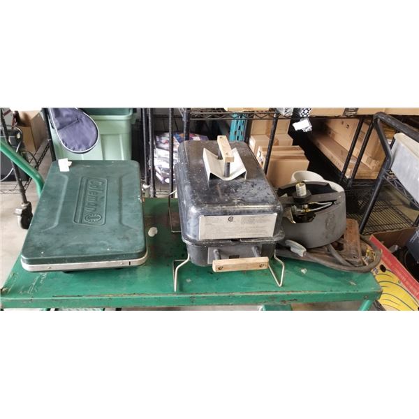 2 PROPANE GRILLS, 1 FROM COLEMAN. ALSO RANCA BURNER TOP