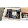 Image 2 : BOX OF CASTERS, LOAD STRAPS, ABS PIPE PIECES, AND VINTAGE GUAGE