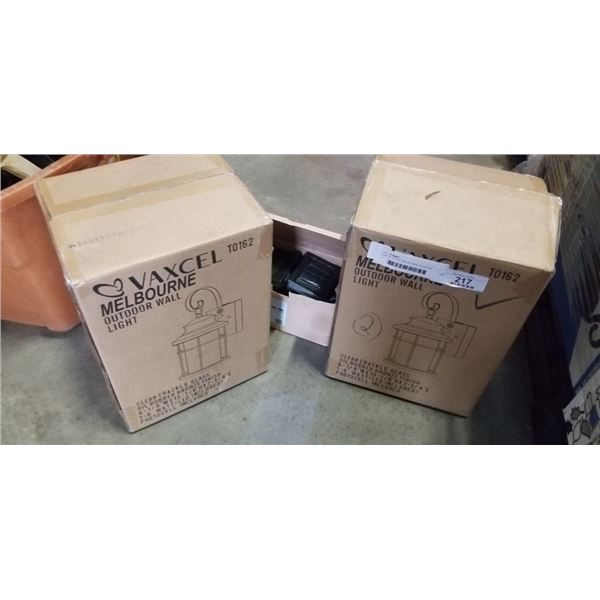 PAIR OF VAXCEL MELBOURNE OUTDOOR WALL LIGHTS AND BAXIA SOLAR LED MOTION SENSOR LIGHTS.