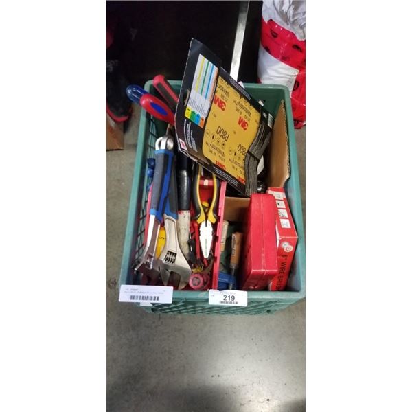 MILK CRATE OF MIXED TOOLS INCLUDING ADJUSTABLE WRENCHES, VICE CLAMPS, SOCKET SET, PNEUMATIC IMPACT G
