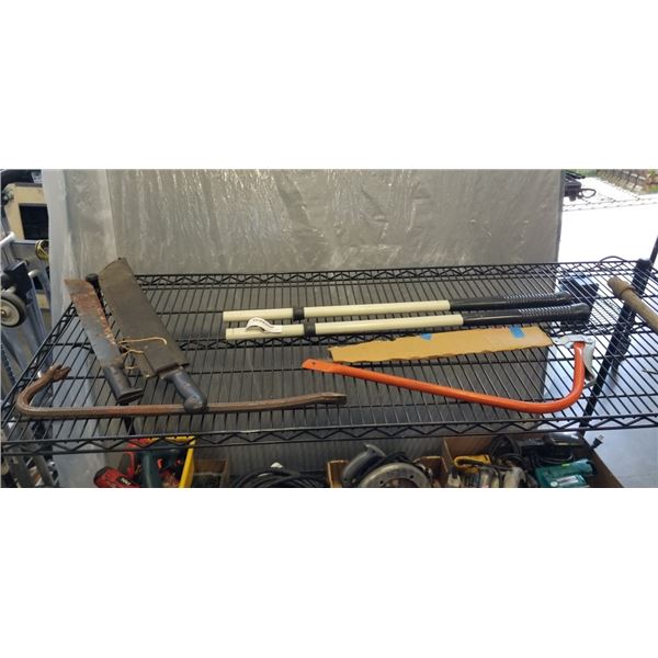 LOT OF ASSORTED HAND TOOLS - SAW, SELDGE HAMMER HANDLES ONLY, CROW BAR, ETC